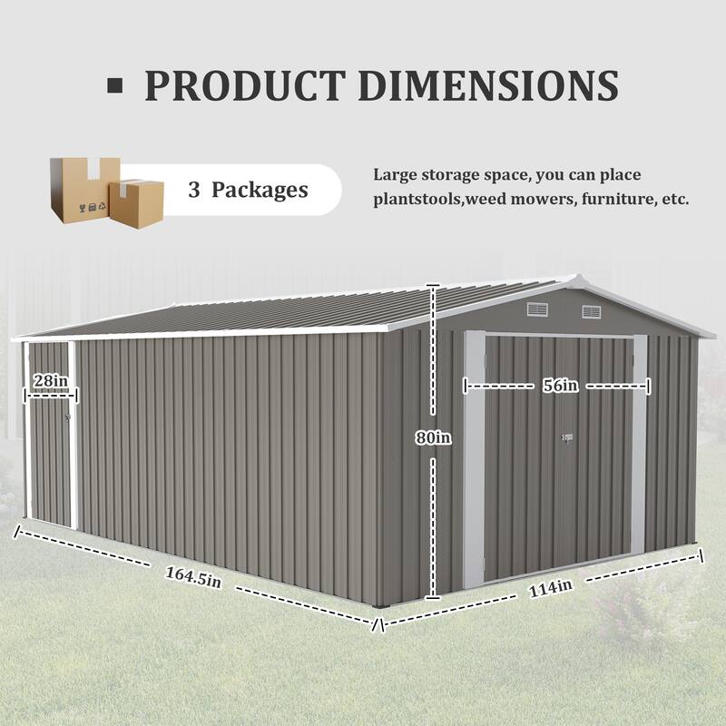 Campcraft Outdoor Storage Shed 10×14 FT with 3 Lockable Doors,4 Air Vents & Sloped Roof,Utility Tool Shed