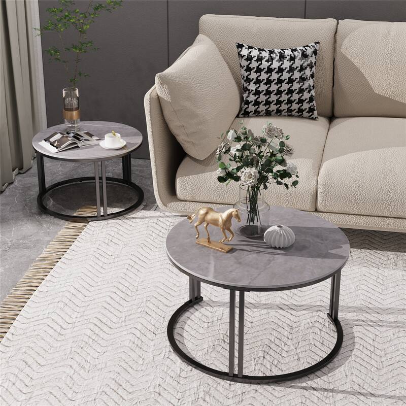 2 Pack Round Nested Coffee Table Sintered Stone-top Side Sofa Table