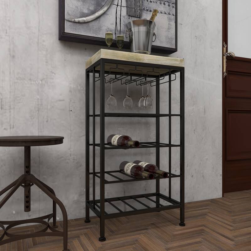 Metal Standing Wine Rack with Brown Wooden Tabletop - Black - Roche River Decor