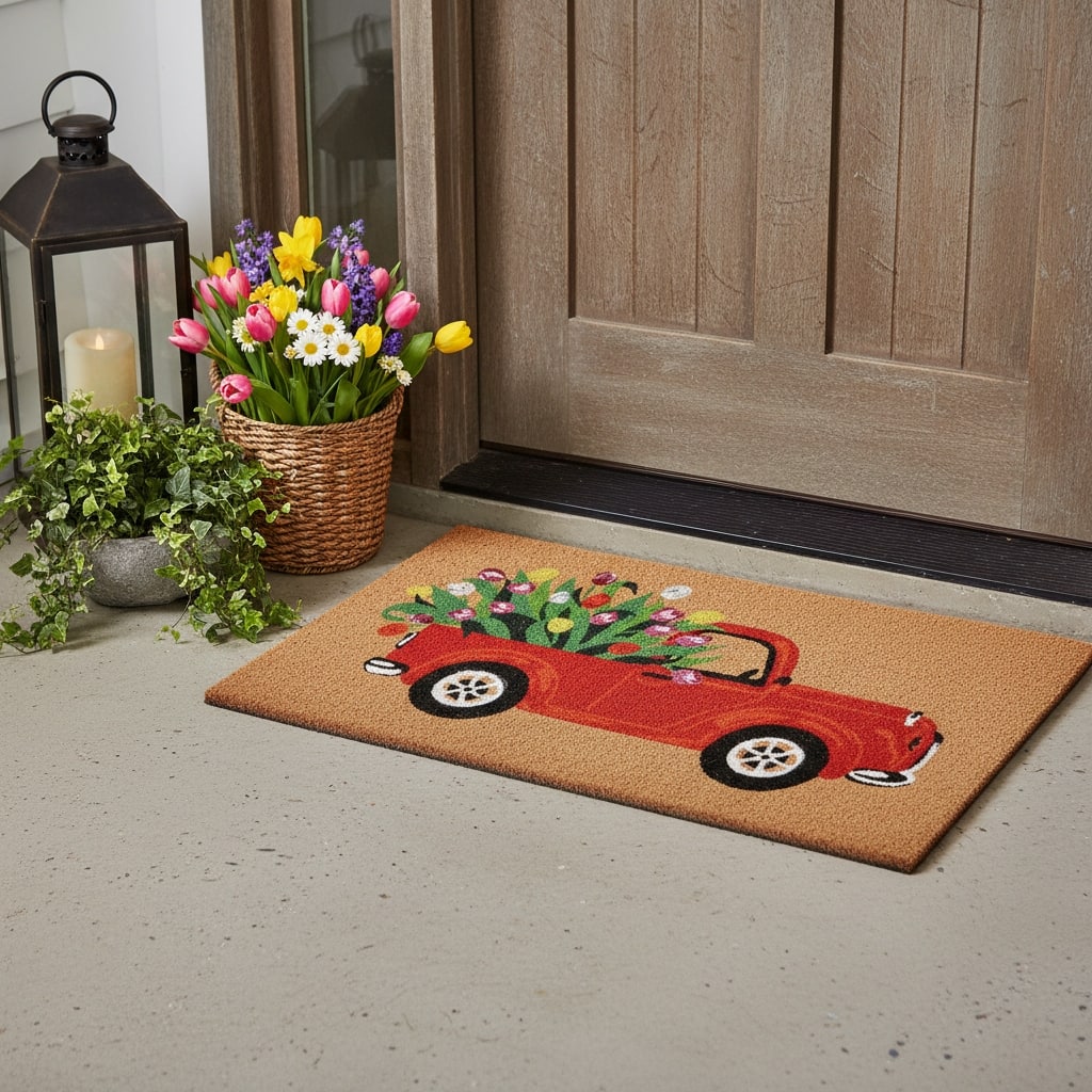 HomeRoots 24" X 36" Brown And Red Floral Outdoor Coir Door Mat - 24.00' X '36.00