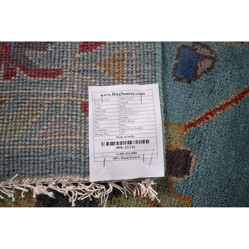 Light Blue Oushak Indian Area Rug Hand-Knotted Floral Wool Carpet - 8'11"x 11'11"