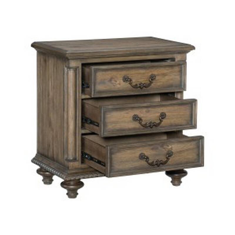 Danya 29 Inch 3 Drawer Nightstand, Metal Drop Handles, Turned Legs, Brown