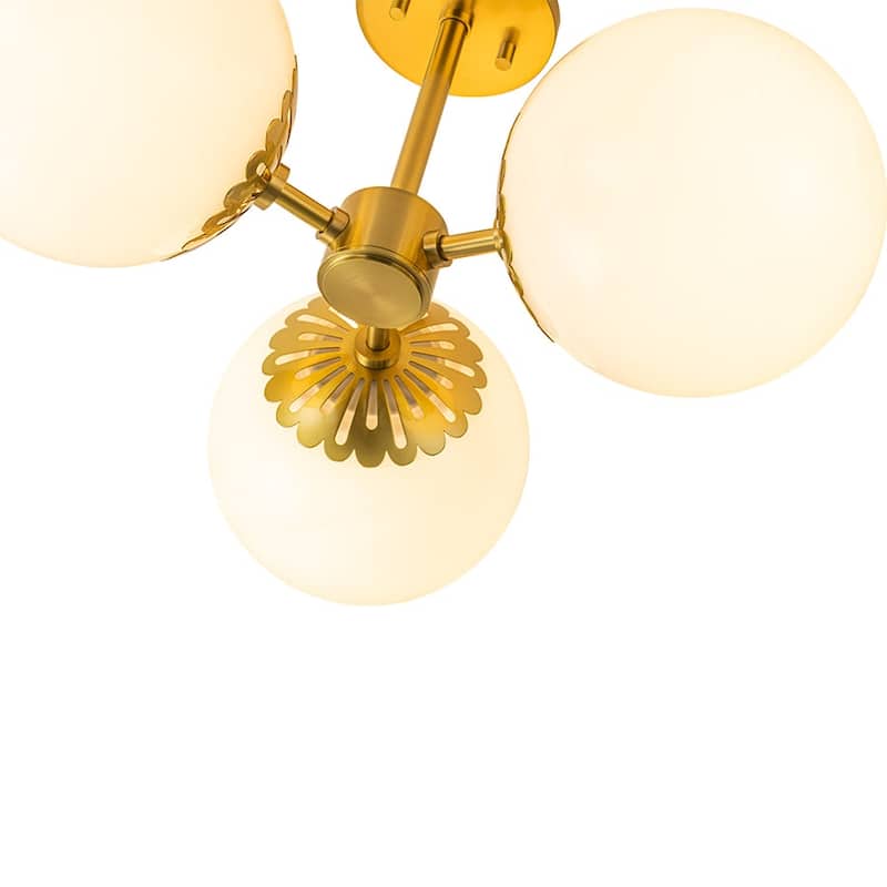 Mid-Century White Glass Globe Brass Sputnik Semi Flush Mount