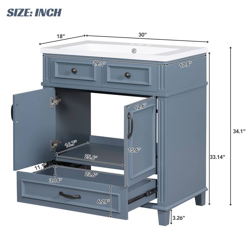 30-Inch Blue Modern Bathroom Vanity with Resin Sink, Soft-Close Doors & Multi-Purpose Storage Cabinet