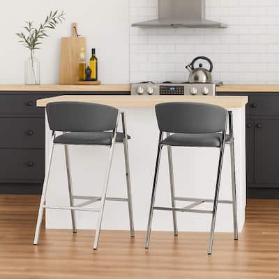 Zoy Barstool Chair Set of 2, Gray Faux Leather Padded, Chrome Iron