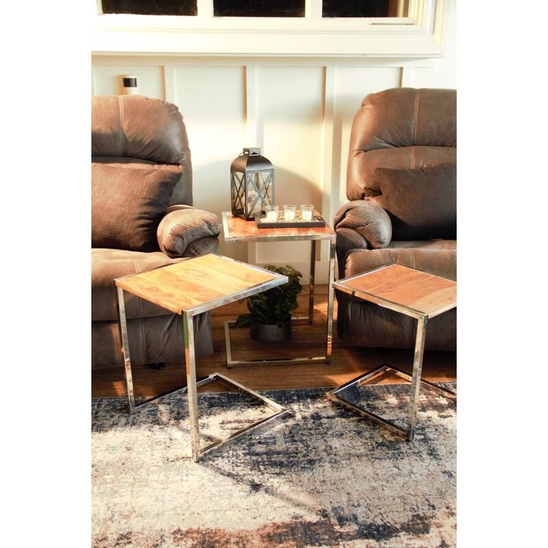 Set of 3 Contemporary Gold Finish C-Shaped Nesting End Tables with Solid Mango Wood Tops & Steel Sled Bases for Living Room