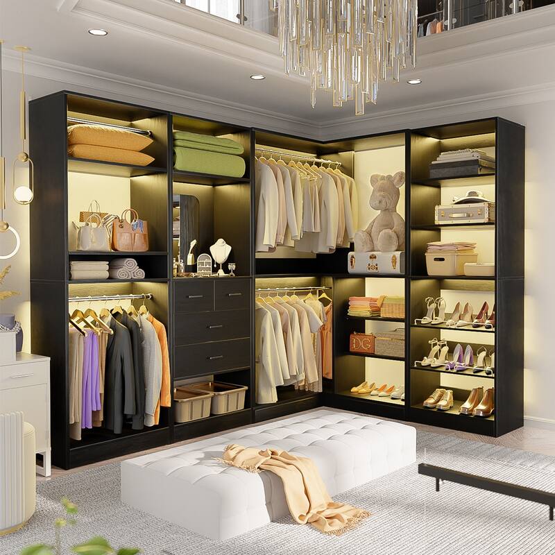 Cimly 111'' Set of 4 Freestanding Closet Organizer, Space-saving Corner Closet System with Shoe Rack - Black