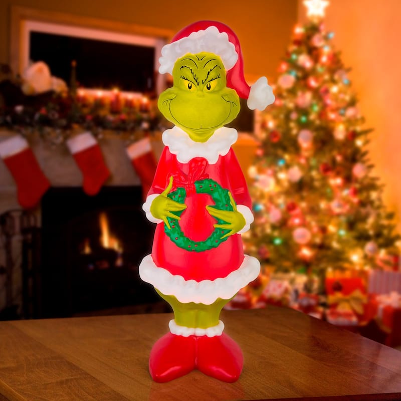 Gemmy Lighted Blow Mold Outdoor Decor Grinch w/Wreath Grinch, Multicolored