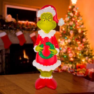 Gemmy Lighted Blow Mold Outdoor Decor Grinch w/Wreath Grinch, Multicolored