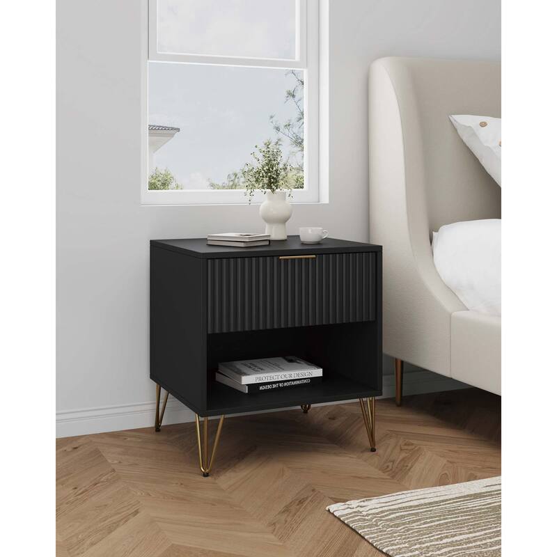 Manhattan Comfort Dumbo Mid Century Nightstand with 1 Drawer - Black