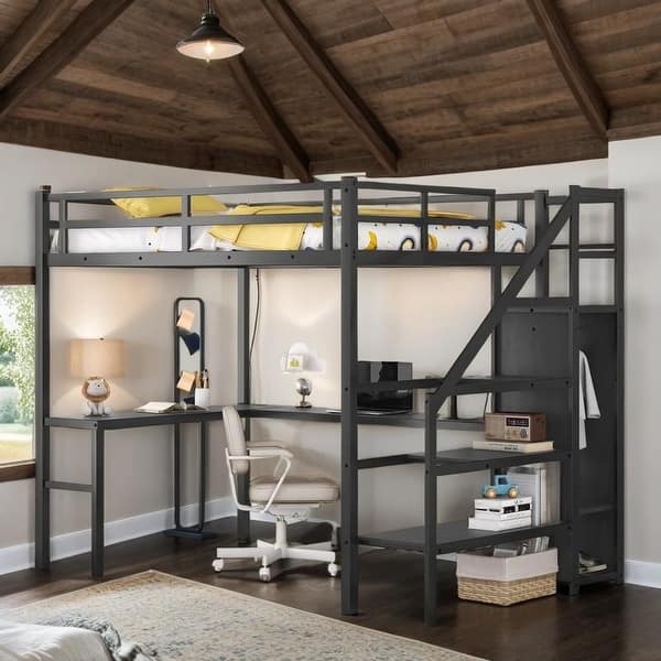 slide 2 of 17, Artsy Full Size Metal Loft Bed with L-shaped Desk and USB, Wardrobe and Adjustable Shelf, with LED for Kids Teens Adults, Black Black