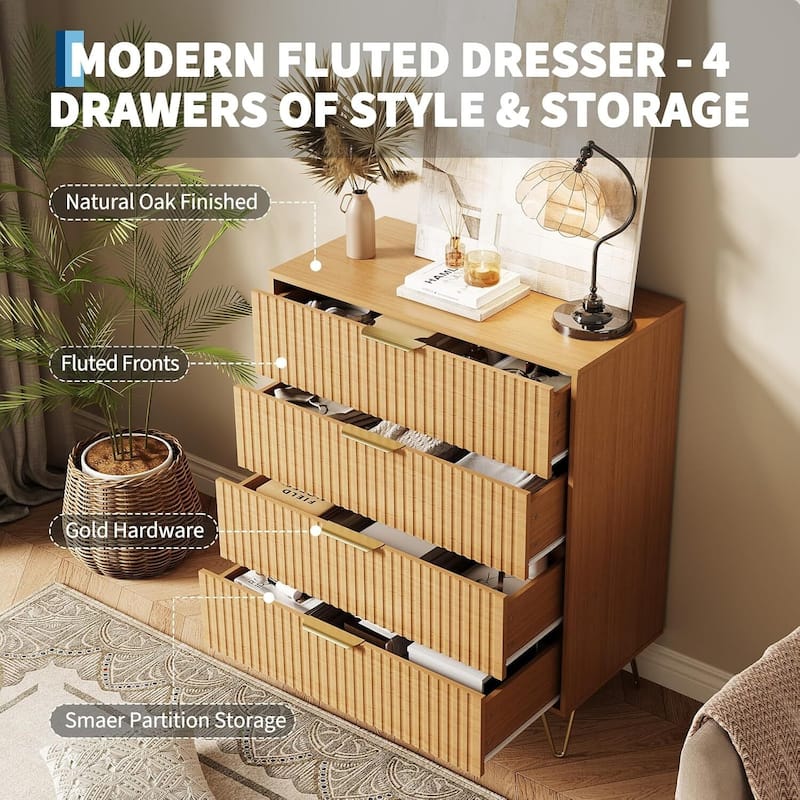 32" Wide Modern Fluted Dresser for Bedroom with 4 Drawers