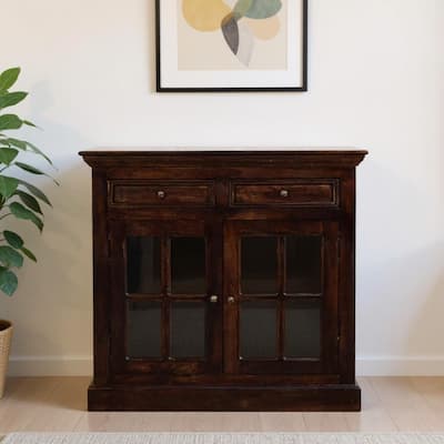 HomeRoots 35" Walnut Solid Wood Accent Cabinet With Two Doors And Two Drawers