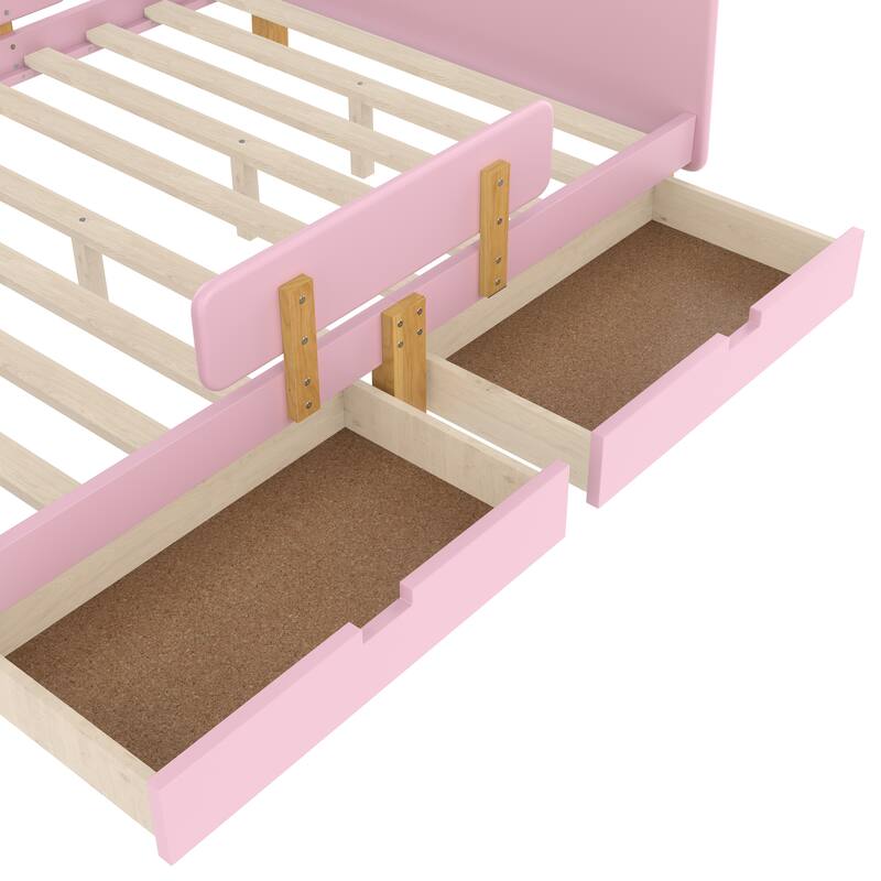 Low Profile Solid Wood Platform Bed Frame with Storage Drawers, Guardrails and Headboard, Footboard with Small Shelf and Hooks