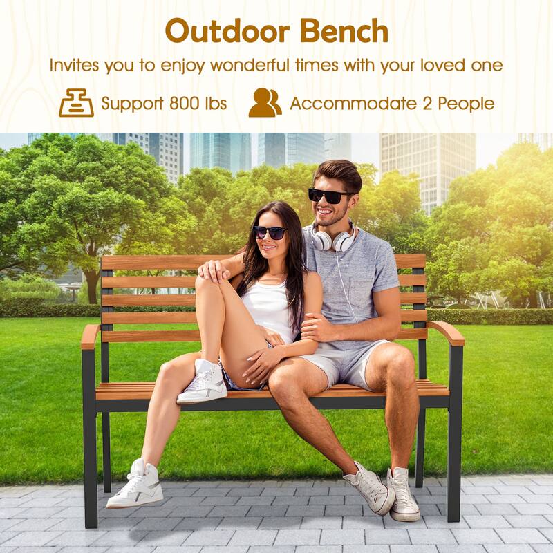 Gymax Outdoor Bench Acacia Wood Patio Loveseat w/ Backrest Armrests