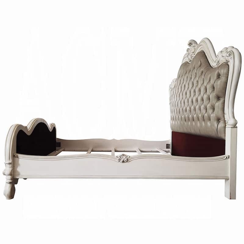 Sicily Queen Bed, Classic White Carved Frame, Tufted Gray Faux Leather