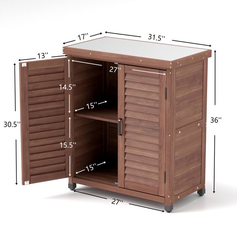 GDF Studio - Outdoor Wooden Potting Bench with Metal Tabletop Workstation and Storage Cabinet