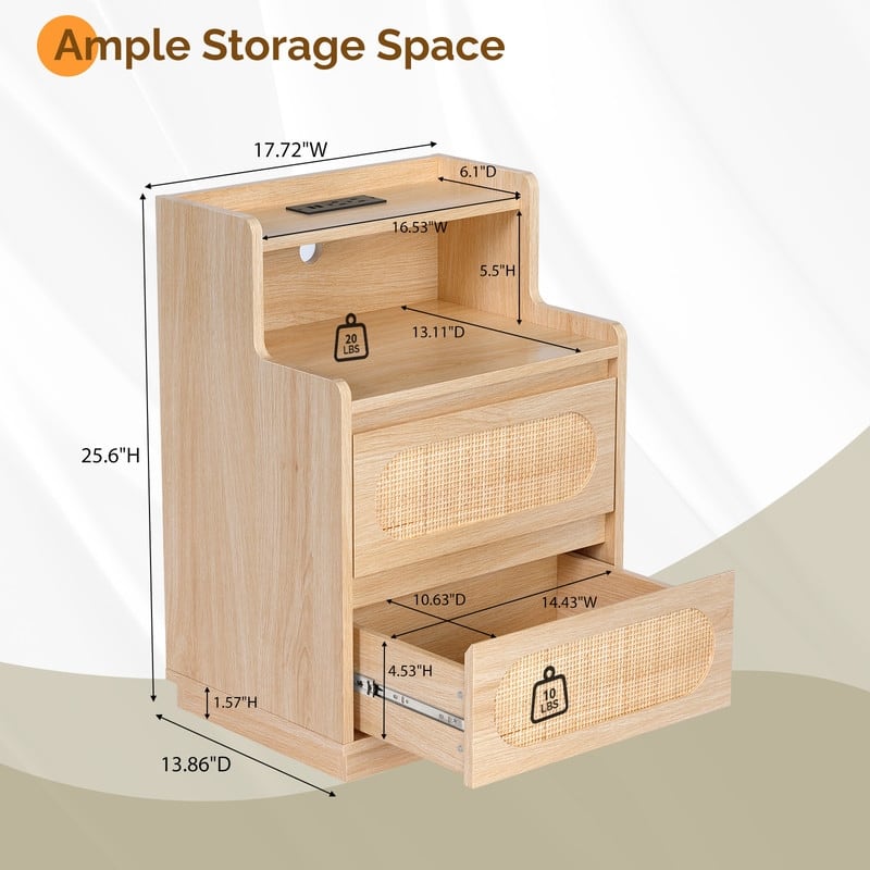 Oak Nightstand with 2 Drawers, Shelf, Socket & Rattan Detail