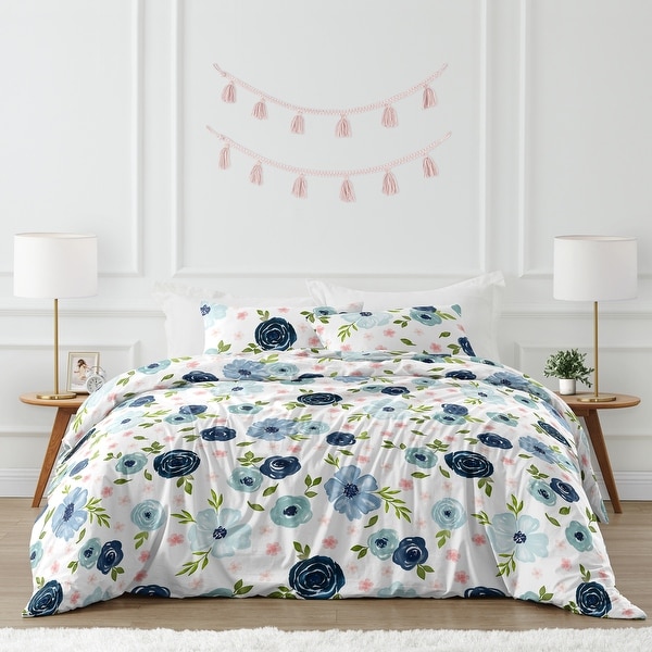 Navy Blue and Pink Watercolor Floral Girl 3pc Full Queen Comforter Set Blush Green White Shabby Chic Flower Bed Bath Beyond 30757357