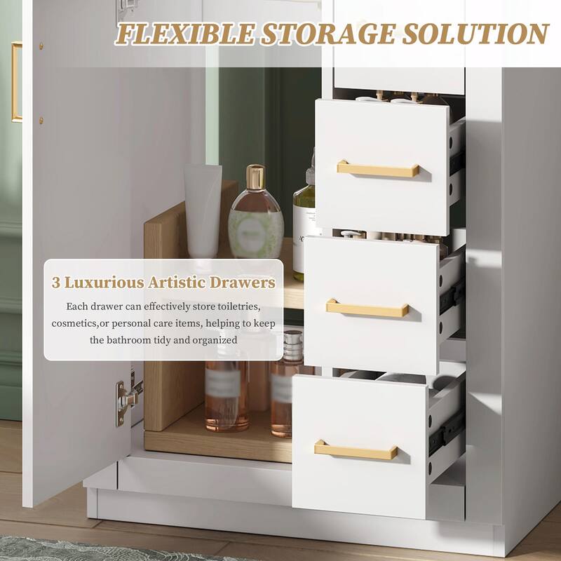 24" Bathroom Vanity with Integrated Ceramic Sink, Cabinet with 1 Door and 3 Drawers