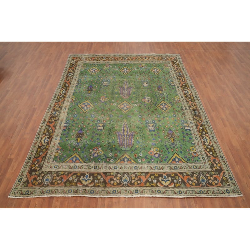 Hand Knotted Oriental 100% Wool Carpet Traditional Floral Green Tabriz Area Rug - 11' 0'' X 8' 6''
