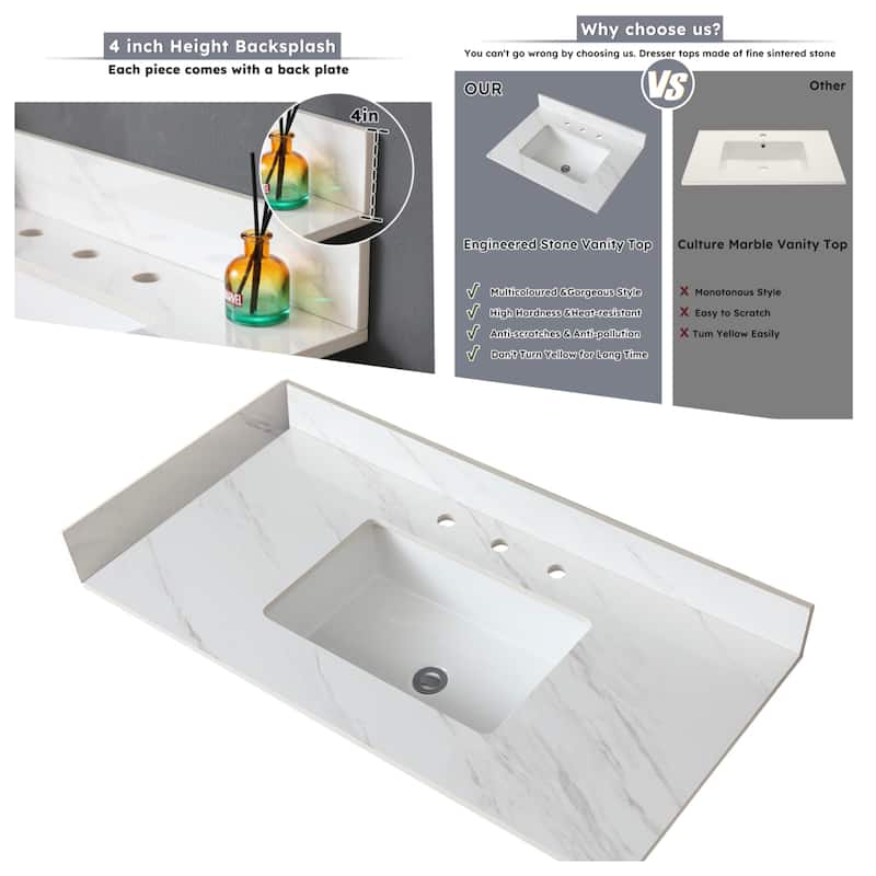 31" Marble Vanity Top with Pre-drilled Faucet Holes, Undermount Sink