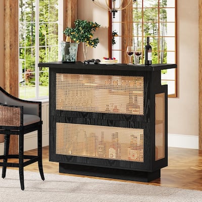 4-Tier Home Bar Unit, Liquor Bar Table, Mini Bar with Wine Racks and Glass Holder, Farmhouse Bar Table