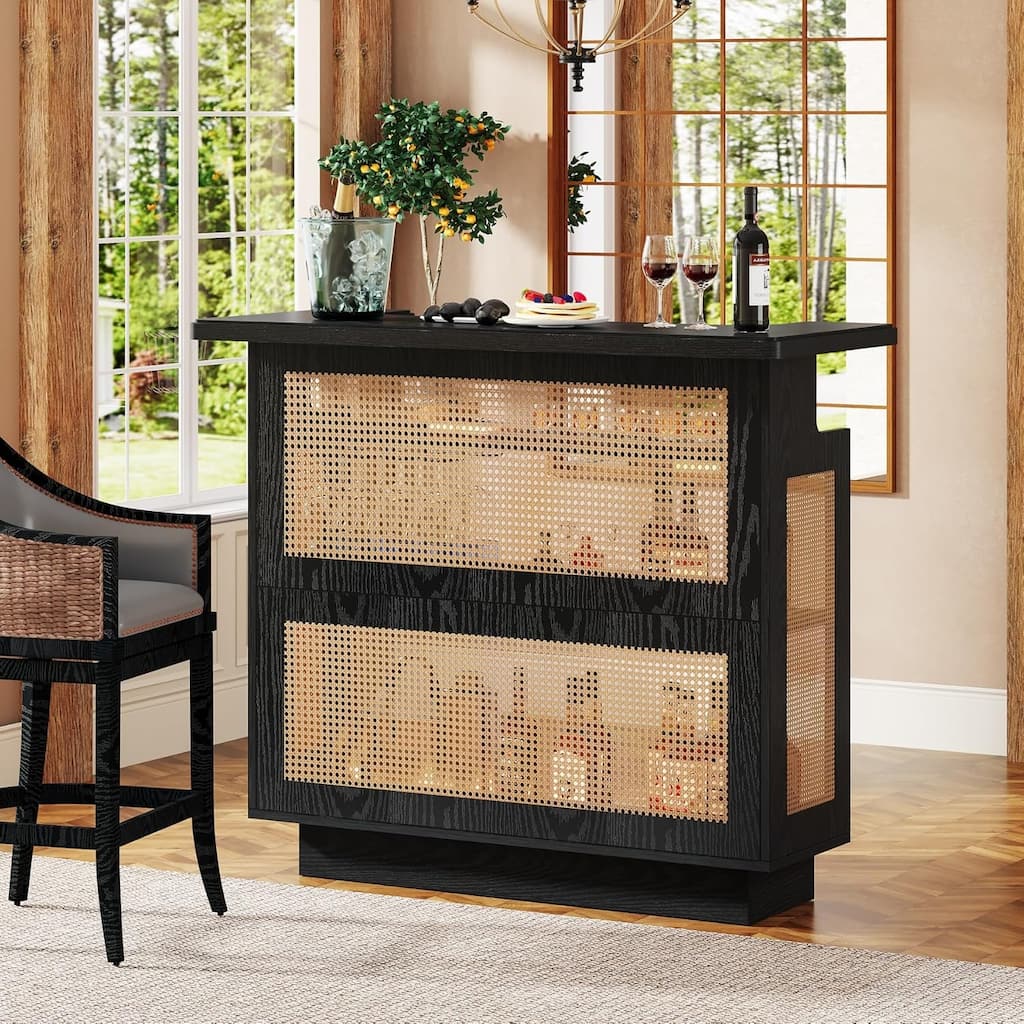 4-Tier Home Bar Unit, Liquor Bar Table, Mini Bar with Wine Racks and Glass Holder, Farmhouse Bar Table