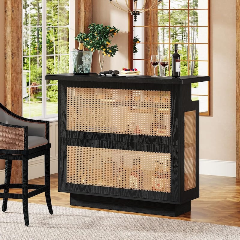 Rattan Home Bar Unit, 4 Tiers Bar Table, Farmhouse Wine Bar Cabinet Mini Bar Table