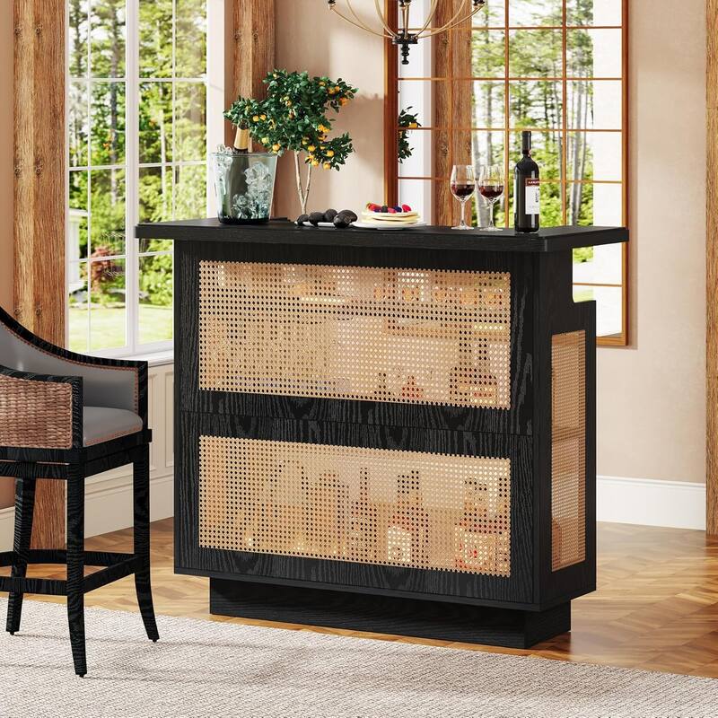 Rattan Home Bar Unit, Farmhouse 4-Tier Bar Table with 4 Stemware Racks