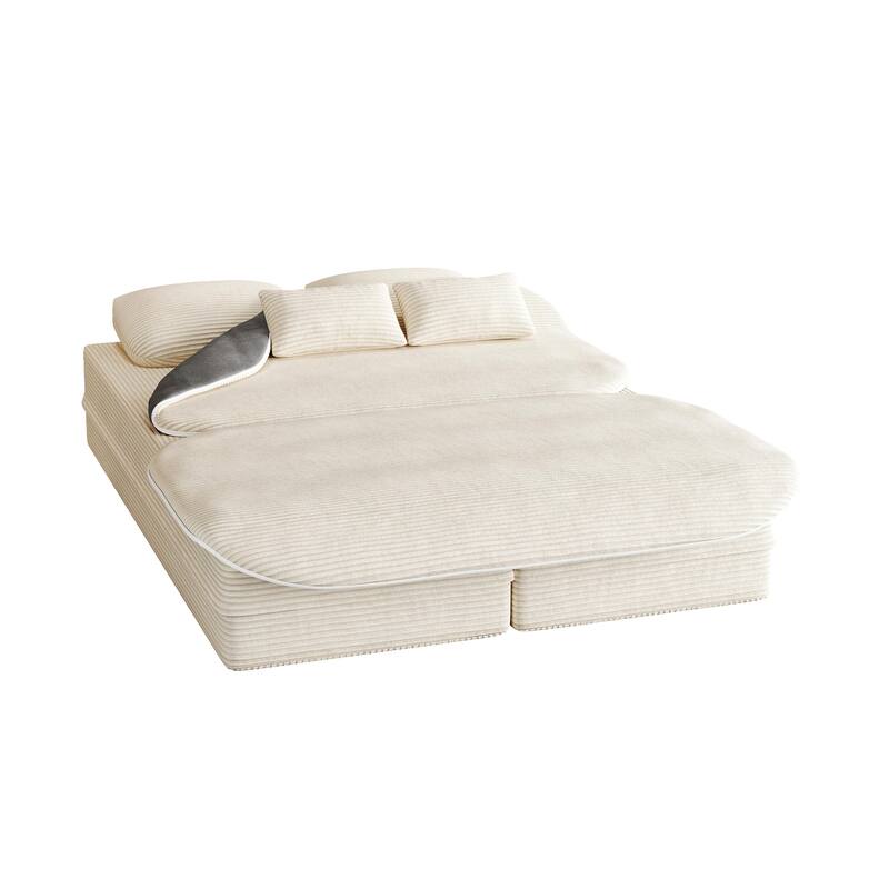 2-in-1 Floor Sleeper Sofa Bed Corduroy Foldable Sofa with Functional Blanket and Pillows for Living Room Bedroom Studio