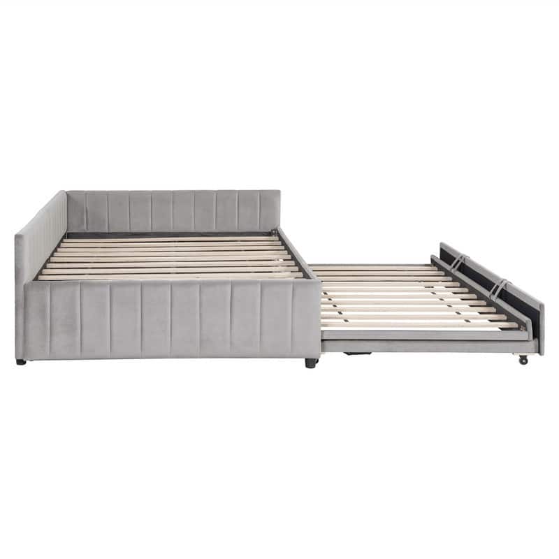 Upholstered Daybed with Twin Size Pop Up Trundle, Full Size Daybed Frame Sofa Bed with L-Shaped Backrest and Striped Design