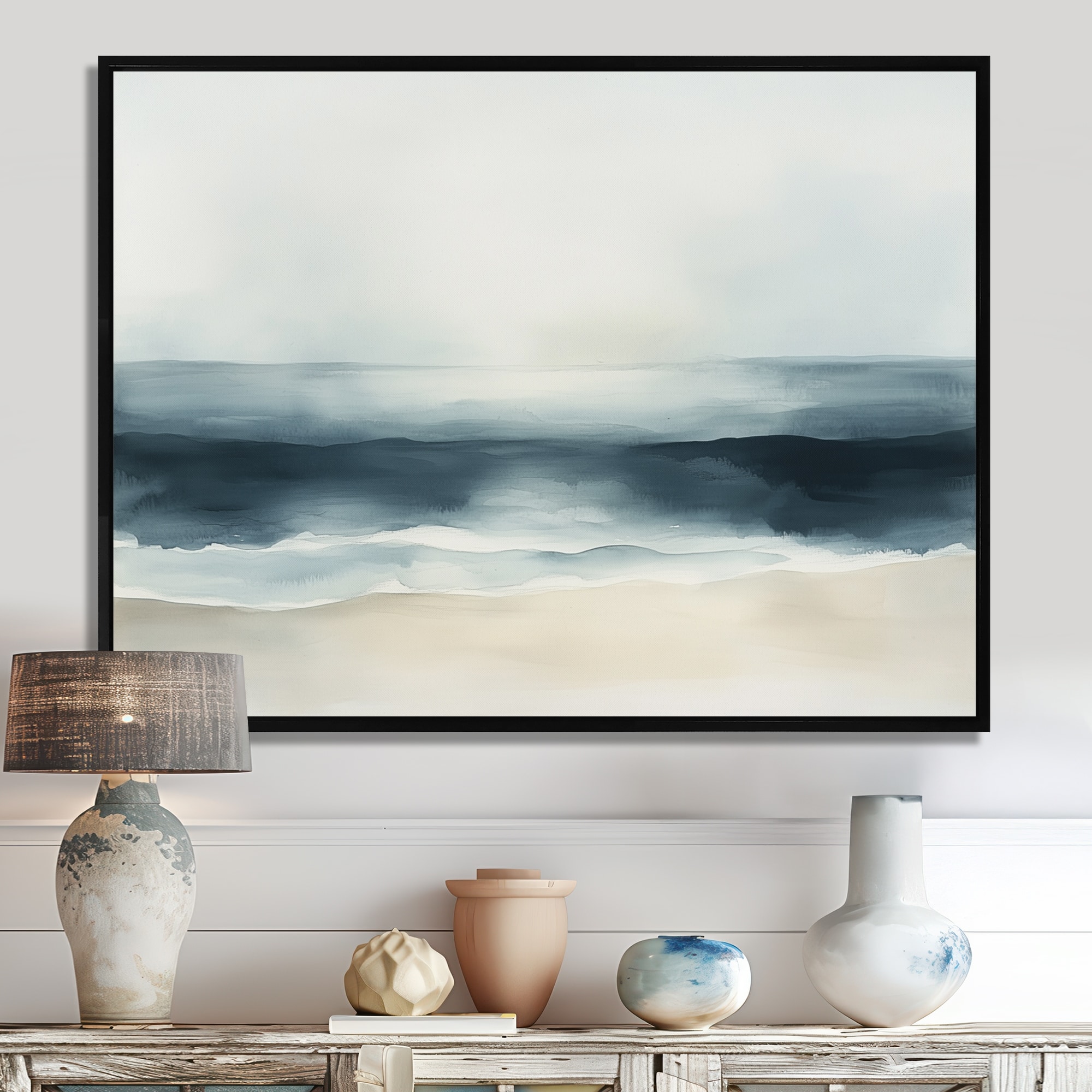 Designart Tranquil Blue Ocean Waves II - Beach Framed Canvas Wall Art
