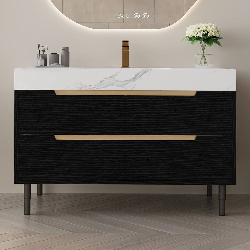 35.4" Bath Vanity – Sintered Stone Countertop with Undermount Sink, Waterproof Solid Wood Construction & 4 Spacious Drawers‌. - Black,White