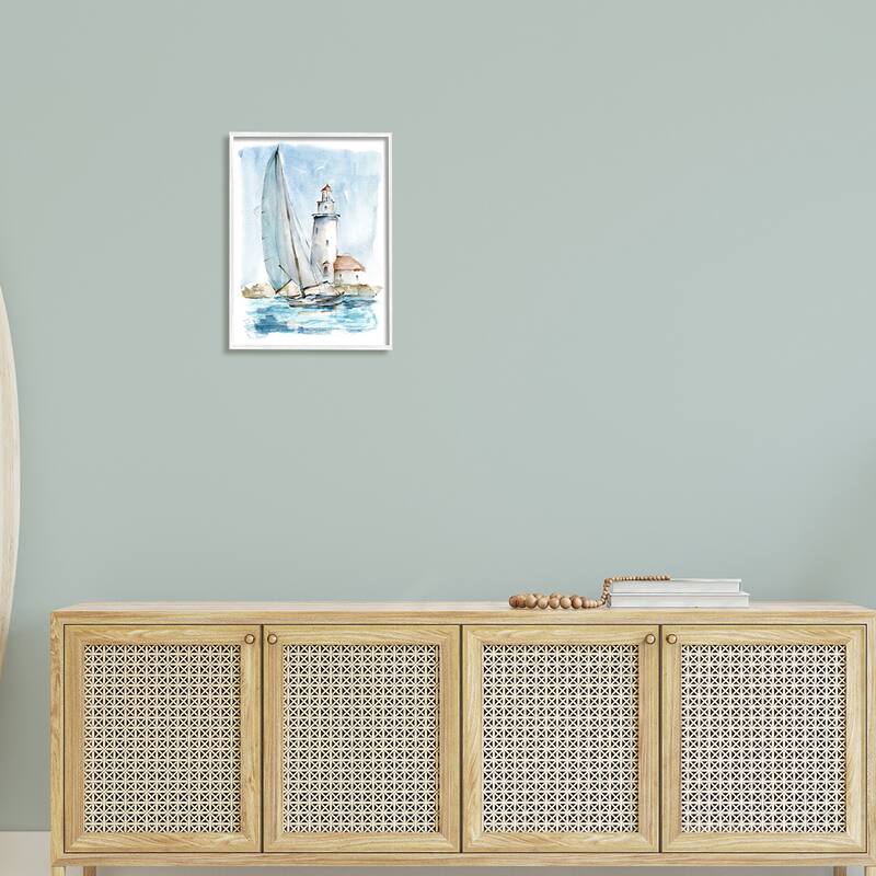 Stupell Lighthouse Tower Beacon Sea Sail Boat Nautical Outdoors Framed Wall Art, Design by Ethan Harper - Blue