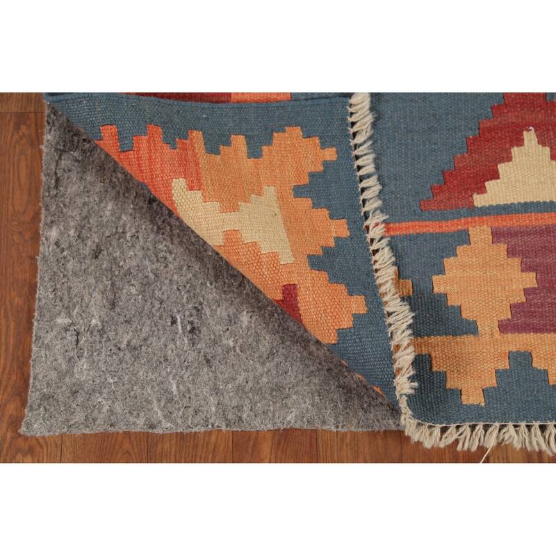 Geometric Blue Flat Weave Kilim Persian Rug Hand-Knotted Wool Carpet - 4'2"x 5'8"