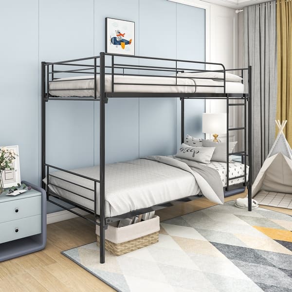 slide 2 of 18, Stylish Safety Practical Design Stylish & Simple Twin over Twin Bunk Bed with Under Storage, Sturdy Metal Frame with Ladder