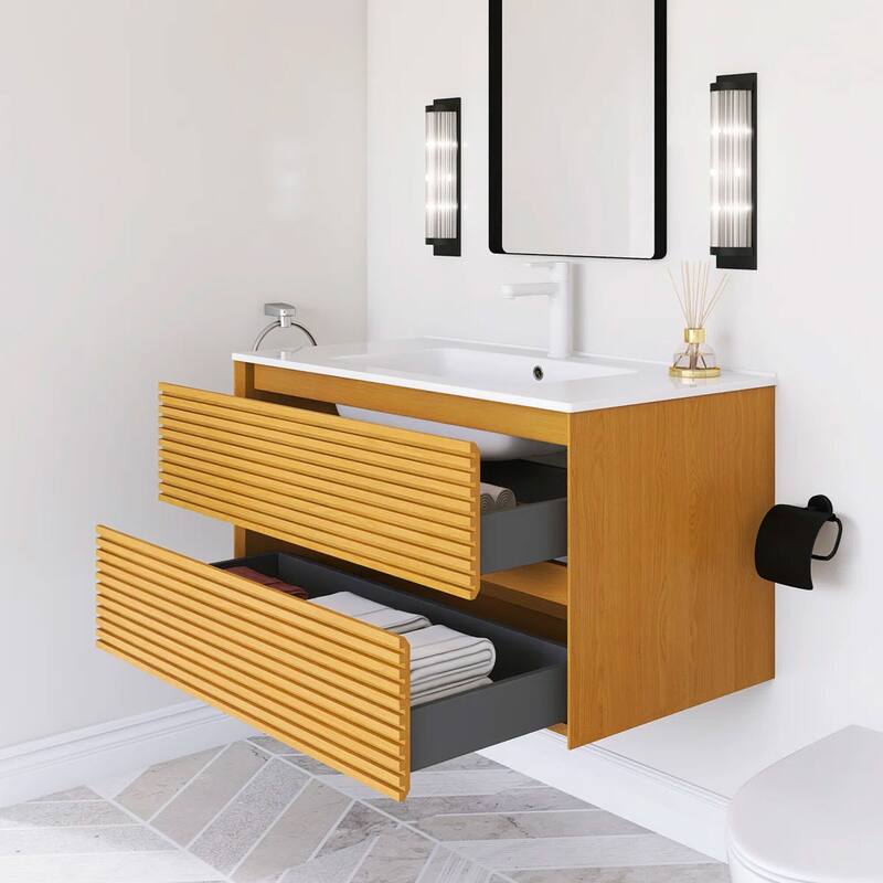 Wall-Mounted Bathroom Vanity with White Ceramic Sink