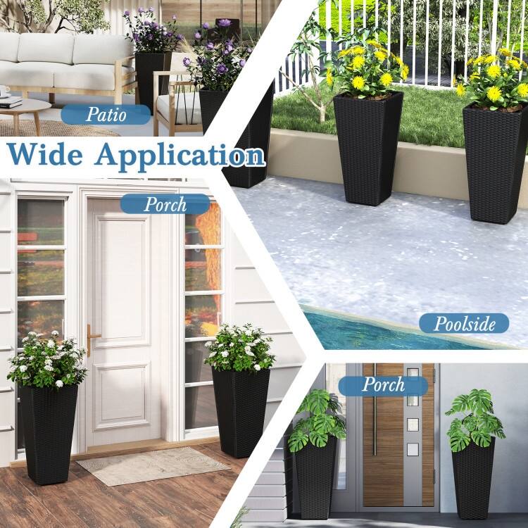 Black PE Rattan Metal Tall Planter Set of 2 with Drainage and Liner for Patio - 15" x 15" x 30" (L x W x H)