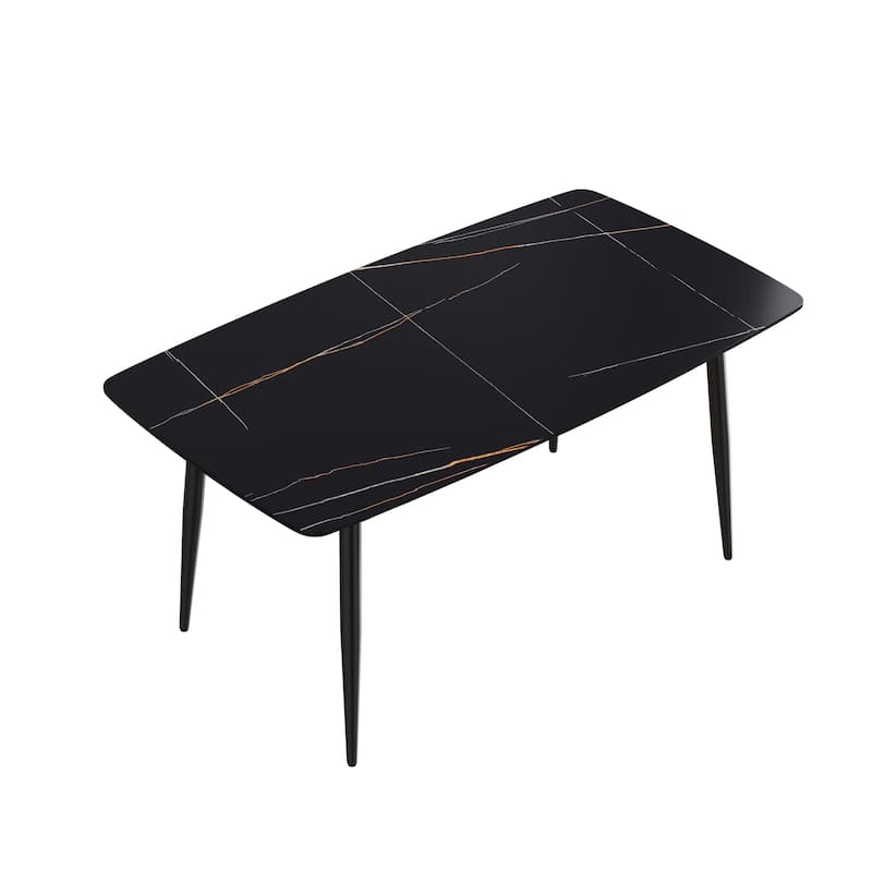 63" Rectangle Marble Top Dining Table, Black Sintered Stone Kitchen Table with Metal Legs
