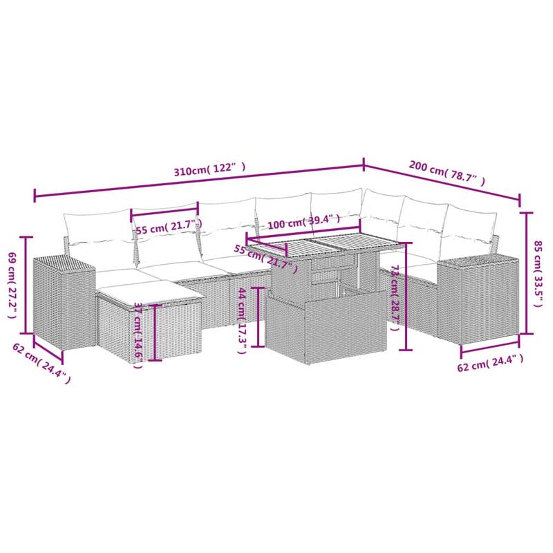 vidaXL Patio Sofa Set with Cushions Outdoor Furniture 9 Piece Poly Rattan - 24.4 x 24.4 x 27.2