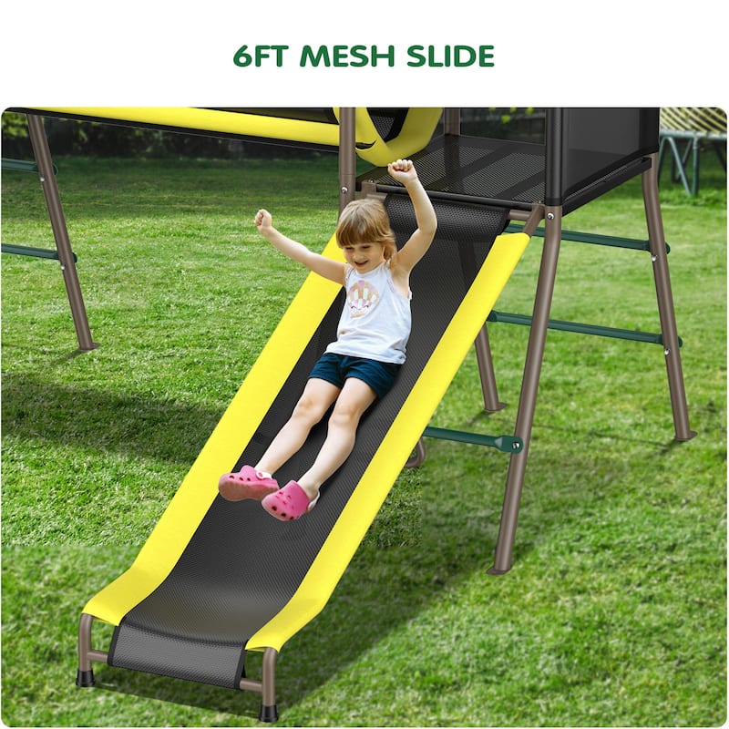 Hapfan 660lbs 5 in 1 Metal Swing Set with Slide Monkey Bars Crawl Tunnel and Trapeze Bar for Kids Outdoor Backyard Playset