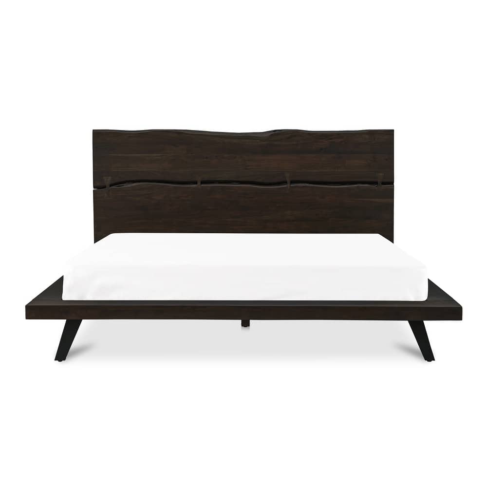 NADAAL STUDIOS Sterling Brown Solid Acacia Queen Platform Bed with Organic Edge Headboard and Steel Legs