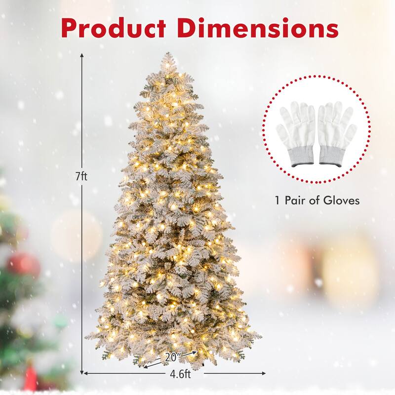 Gymax Pre-Lit Artificial Christmas Tree Hinged Snow Flocked Xmas Tree