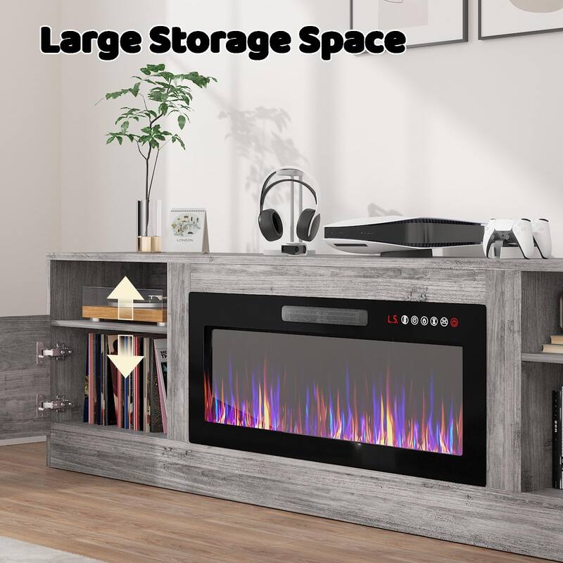 BOSSIN 80" Modern Electric Fireplace TV Stand with 20-Color LED Lights, Fits Up to 90" TV, Adjustable Shelves & Storage Cabinets