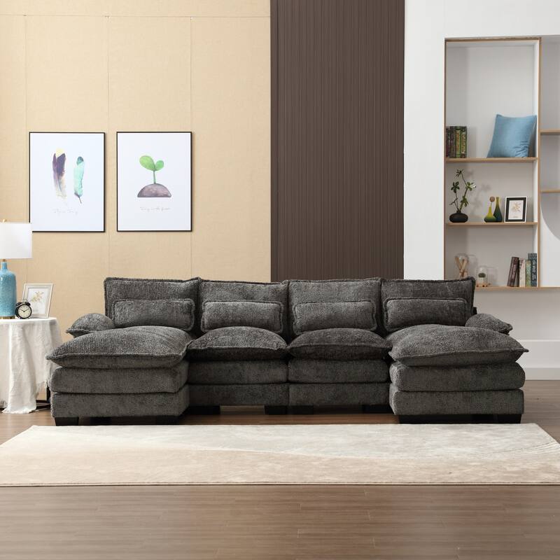 Gray Chenille U-Shape Reversible Sectional Sofa with Ottomans & Pillows