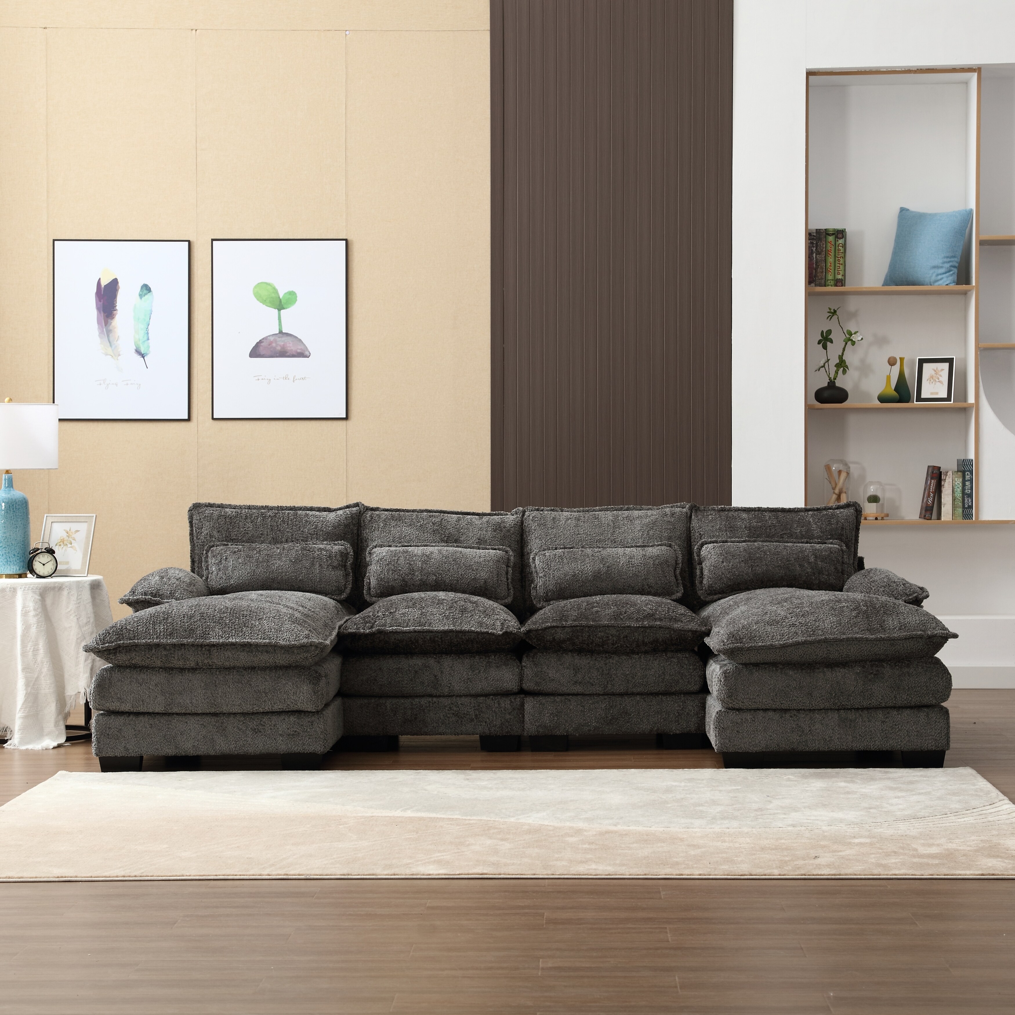 Modern Large Chenille Fabric Modular Couch U Shape Sectional Sofa