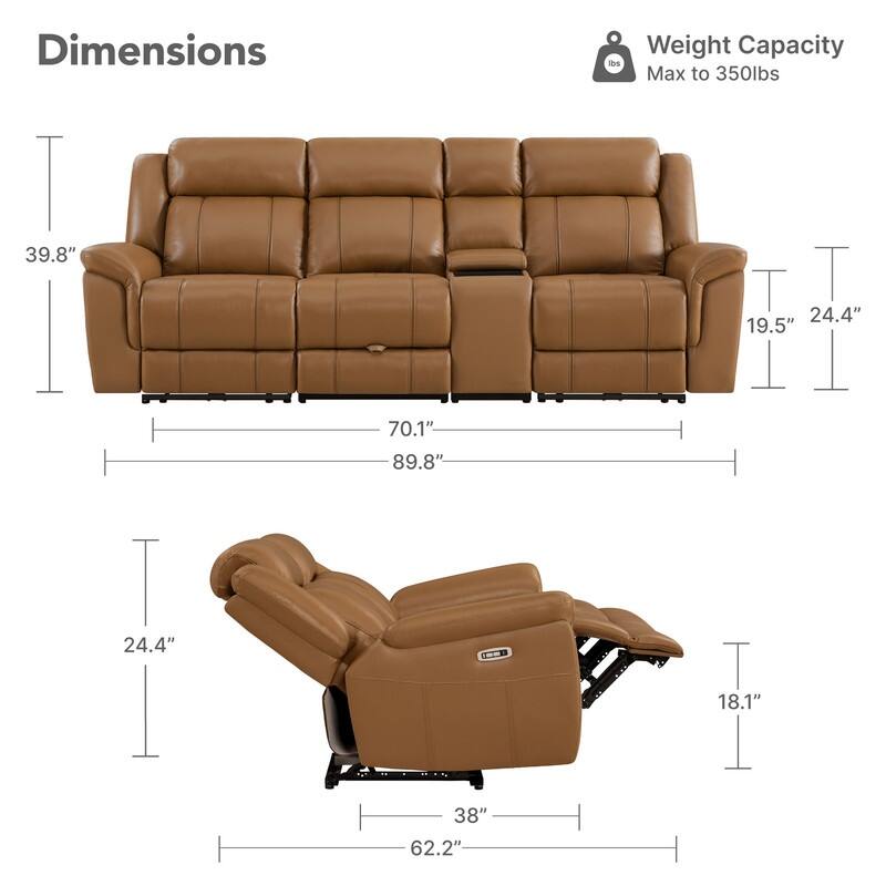 Spruce & Spring Genuine Leather Power Reclining Sofa with Optional Console & Flip-Down Table