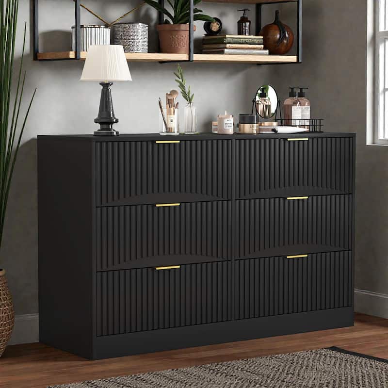 Modern 6 Drawer Dresser with Wavy Drawer Fronts, Large Chest of Drawers Storage Cabinet for Bedroom Living Room