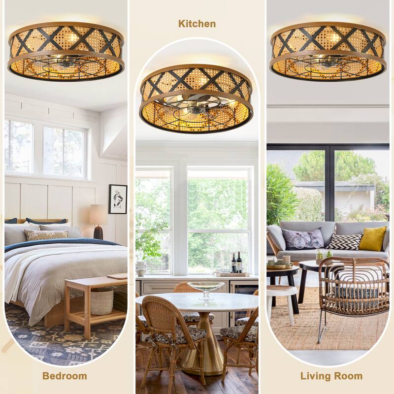 Bella Depot 23" Rustic Reattan Drum Ceiling Fan with Light and Remote 6-speed